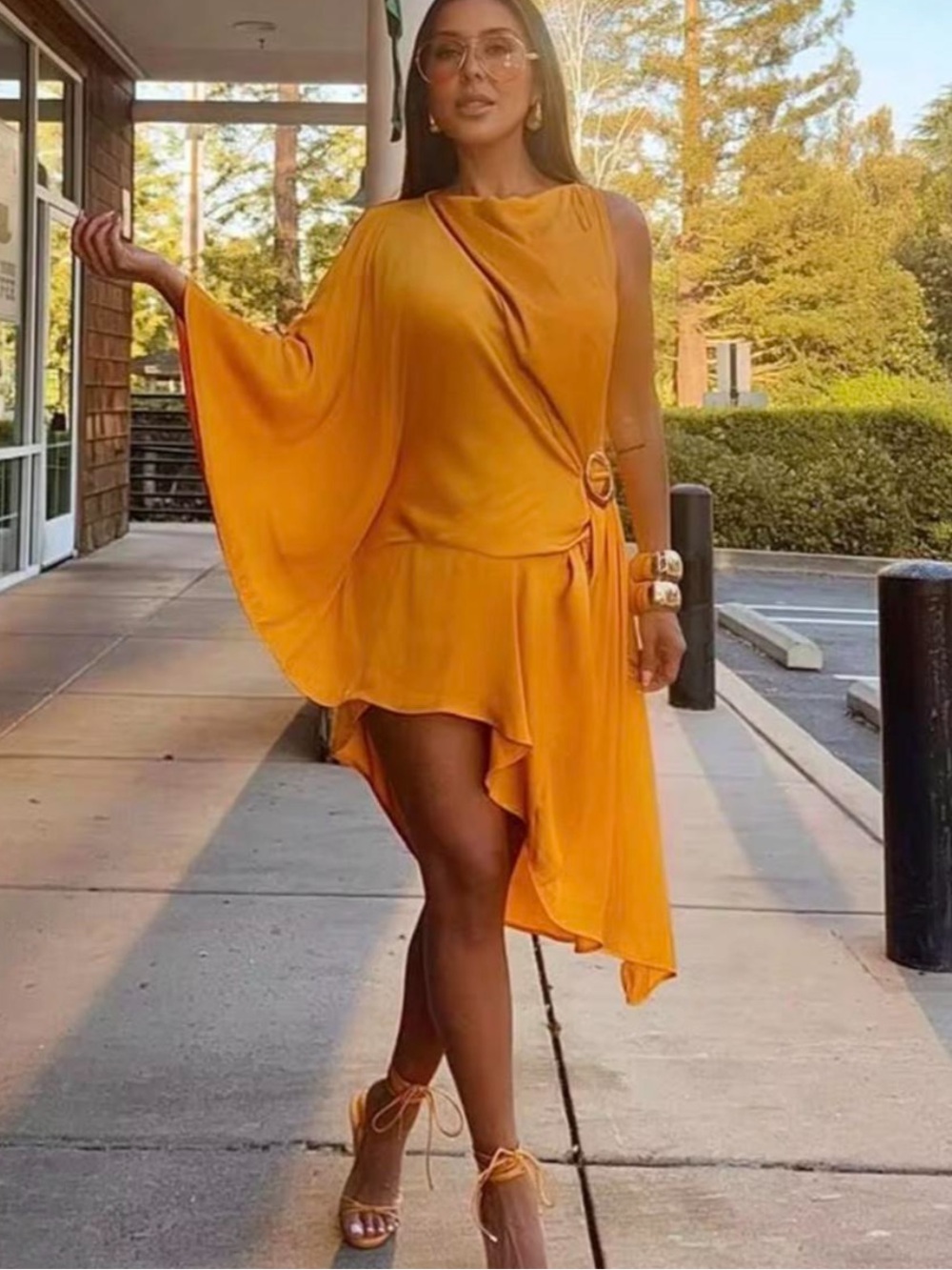 Zara One-Shoulder Orange Asymmetrical Dress